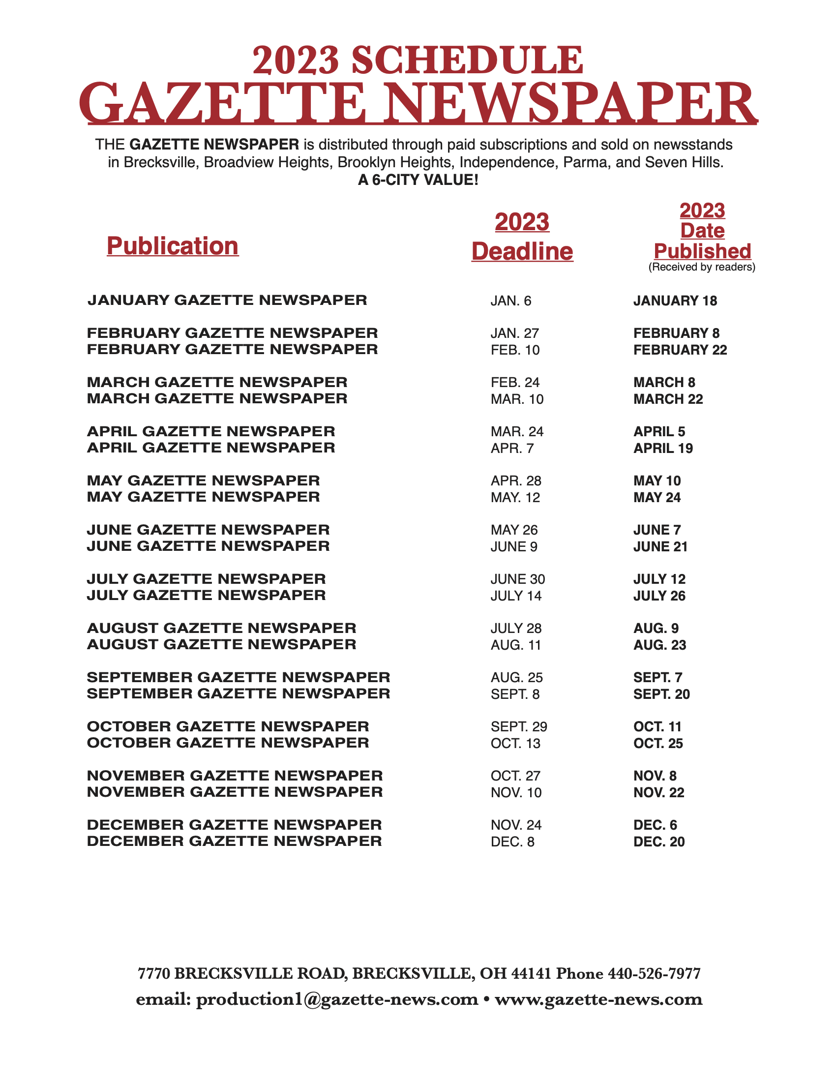 Print Schedule Gazette Newspaper